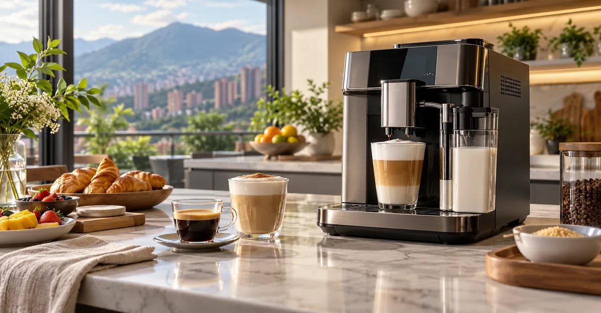 Cafetera automática con bebidas de café en una cocina luminosa