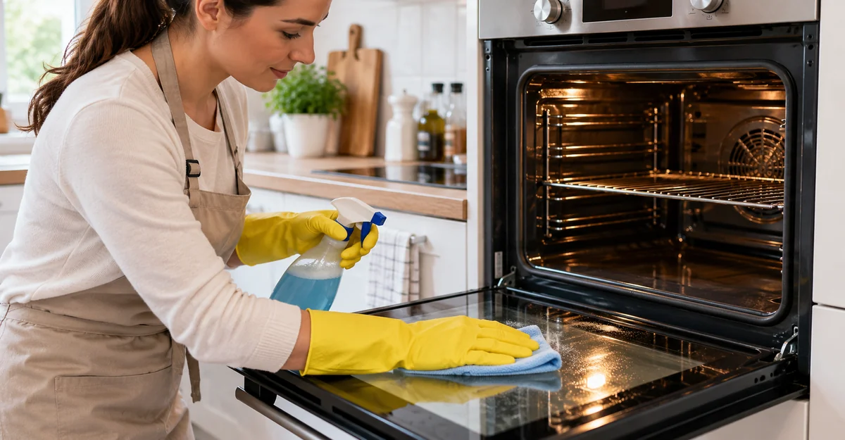 Persona limpiando un horno eléctrico frío