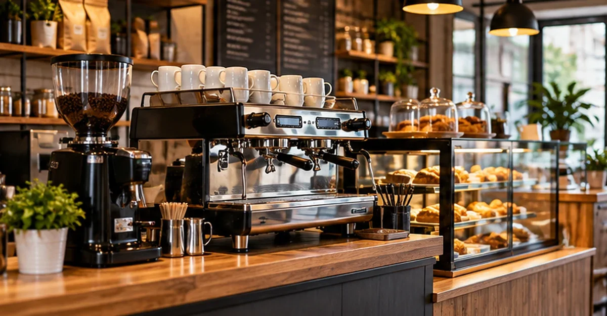Máquina de espresso y molino en cafetería pequeña