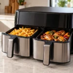 Freidora de doble canasta con pollo y papas