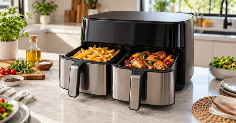Freidora de doble canasta con pollo y papas