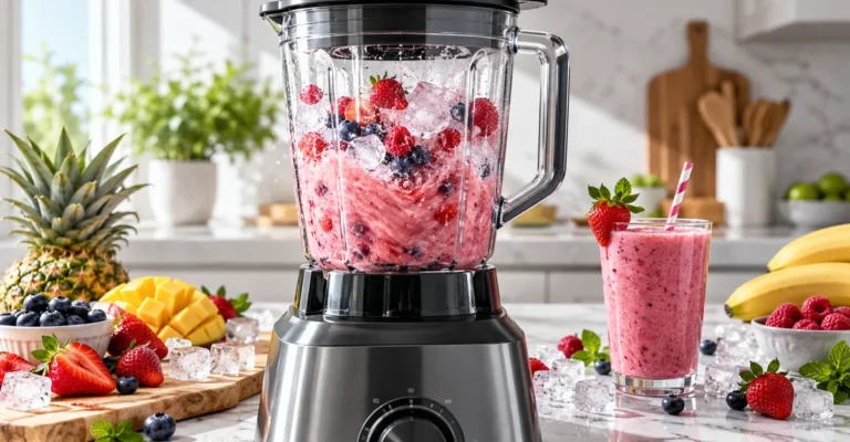 Licuadora con hielo y batido de frutos rojos