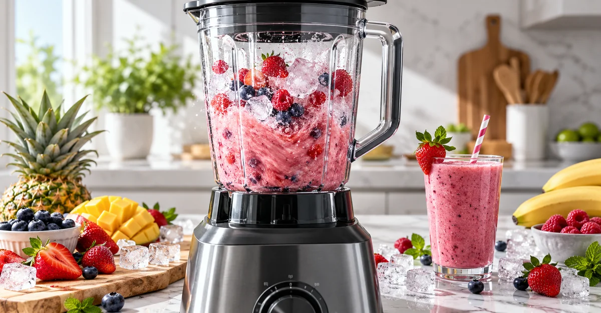 Licuadora con hielo y batido de frutos rojos