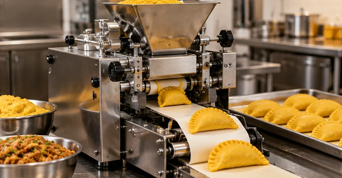 Máquina industrial formando empanadas colombianas